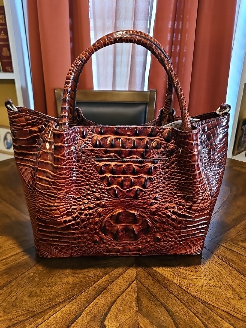Brahmin Cognac Croc-Embossed Leather Handbag With Shoulder Strap - Picture 3 of 9
